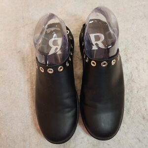 Womens Black Leather Platform Mules/Clogs Slip Ons